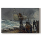 Canvas art print portraying figures gathered on rocky shore signaling toward sea with ship in distance, set against a white background