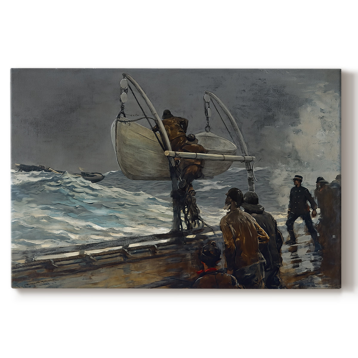 Canvas art print portraying figures gathered on rocky shore signaling toward sea with ship in distance, set against a white background