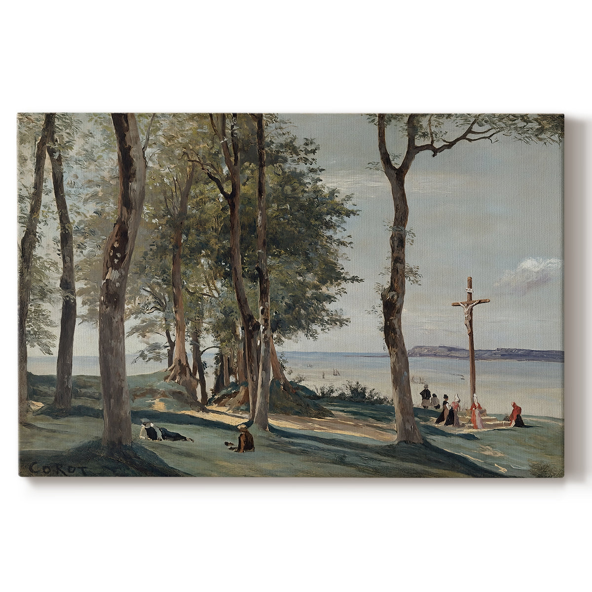 Canvas art print portraying a hillside landscape with religious cross overlooking trees and distant terrain, set against a white background