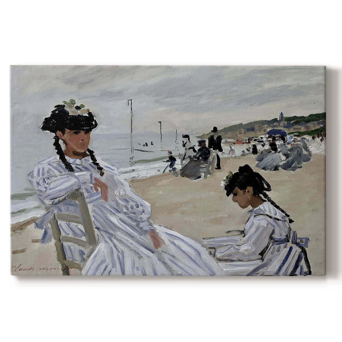 Canvas art print portraying figures seated on beach with parasols facing the ocean, set against a white background