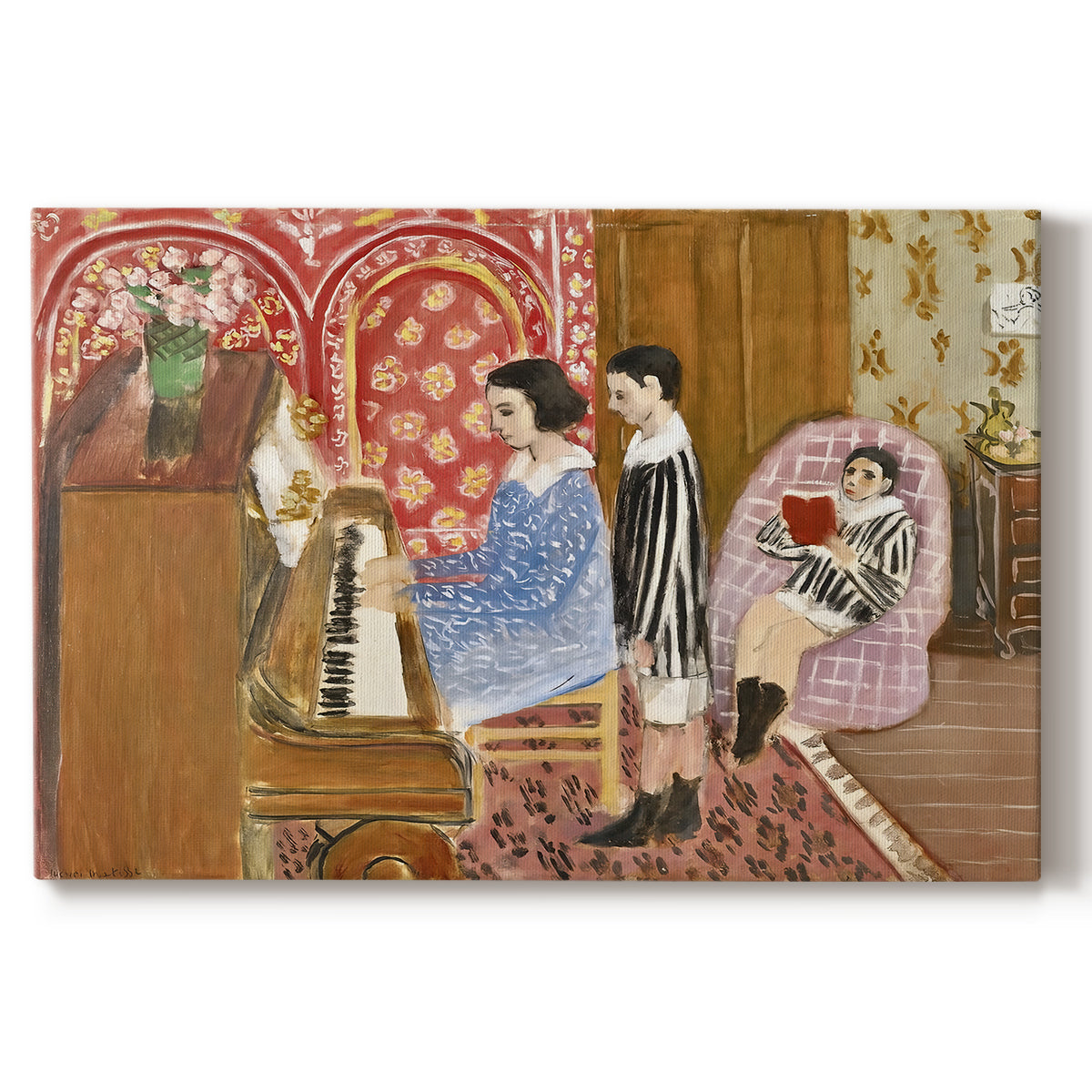 Canvas art print portraying an interior scene with figures around a piano, set against a white background