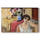 Canvas art print portraying a seated woman in an armchair in a colorful interior, set against a white background