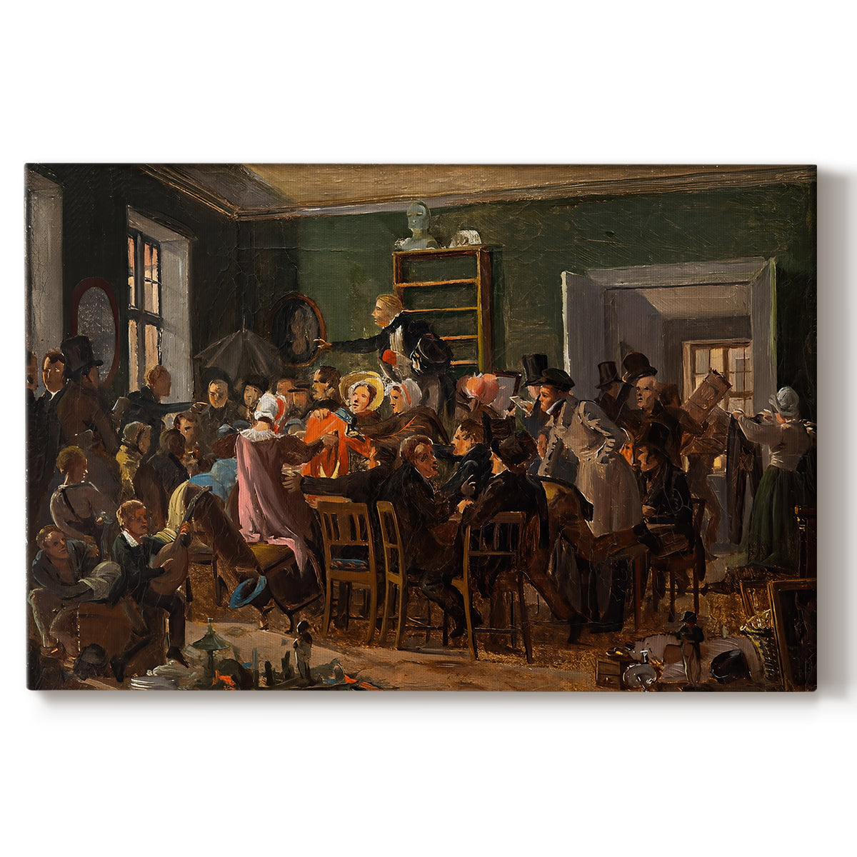 Canvas art print portraying a crowded interior with people gathered for auction activity, set against a white background