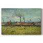 Canvas art print portraying industrial buildings with smokestacks rising above flat landscape, set against a white background