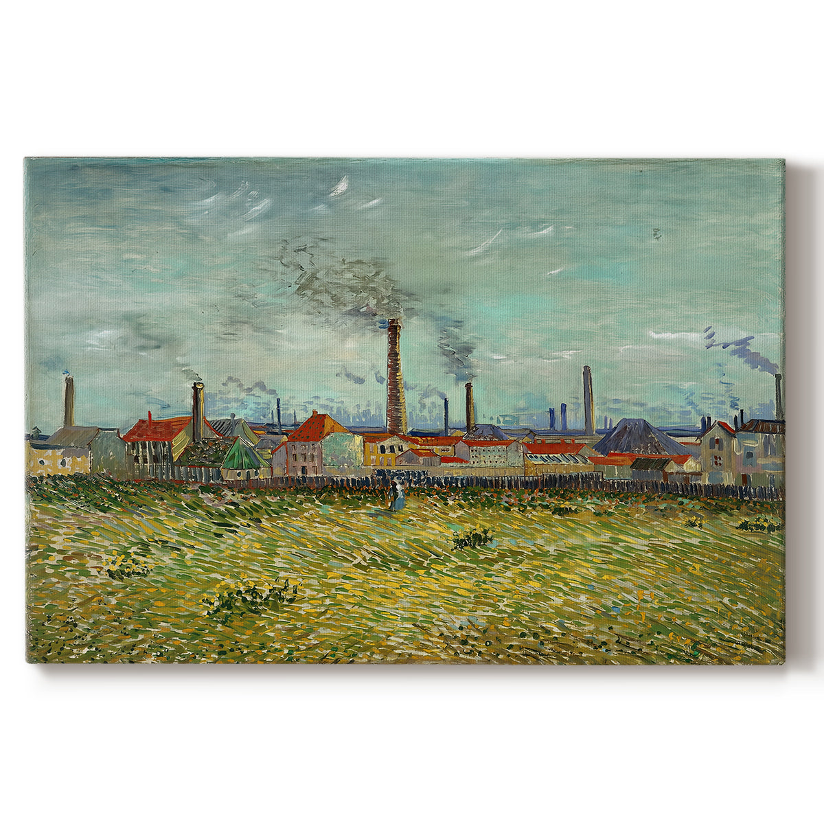 Canvas art print portraying industrial buildings with smokestacks rising above flat landscape, set against a white background