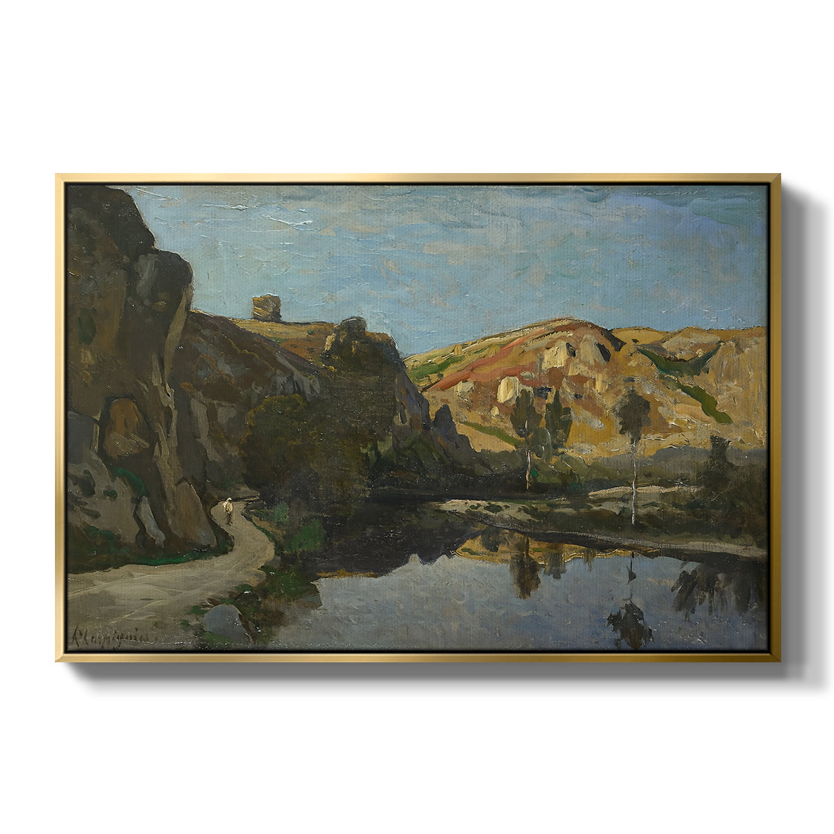 River Landscape with Cliffs, c. 1850-1860 - Floater Framed Canvas Print