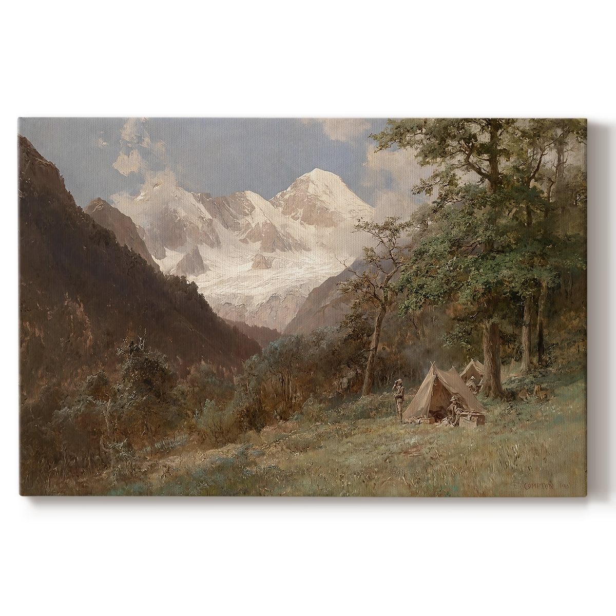 Canvas art print portraying a mountainous landscape with rugged terrain and distant peaks, set against a white background