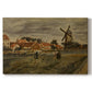 Canvas art print portraying a rural village scene with people working among buildings and open yard, set against a white background