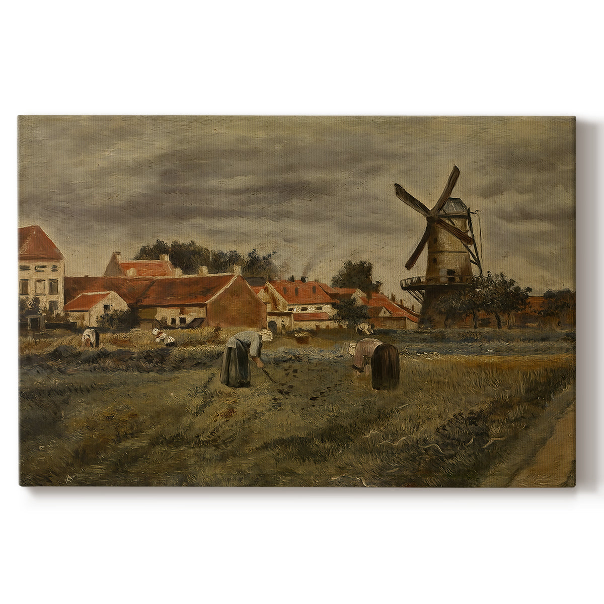 Canvas art print portraying a rural village scene with people working among buildings and open yard, set against a white background