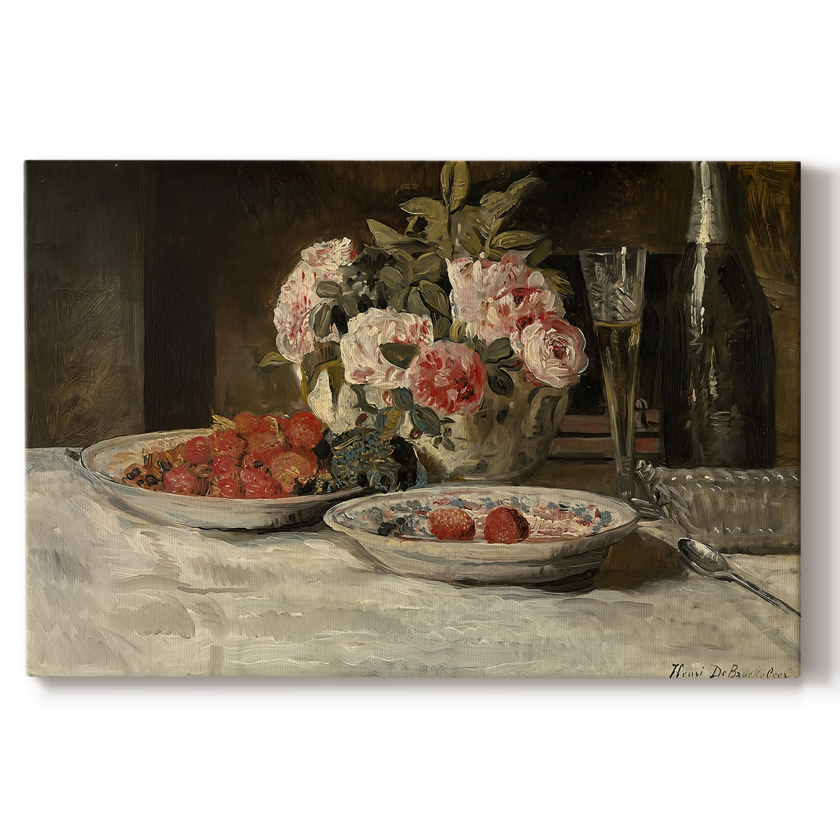 Canvas art print portraying a still life with strawberries, glassware, and bottle arranged on table, set against a white background