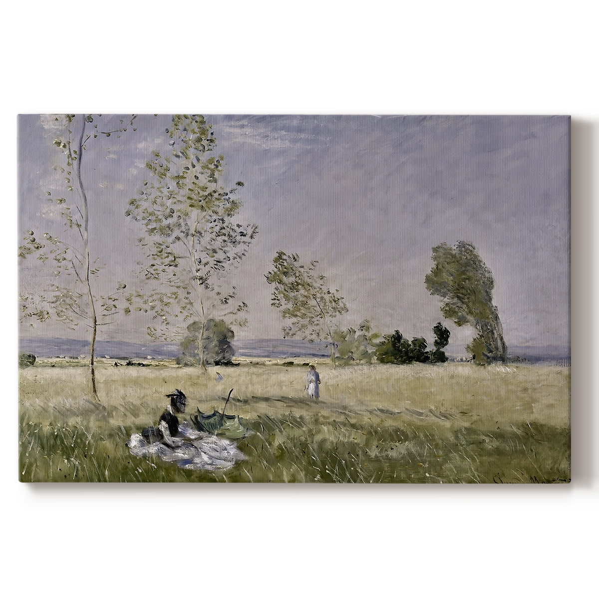 Canvas art print portraying a woman seated in grassy field beneath tree in bright summer landscape, set against a white background