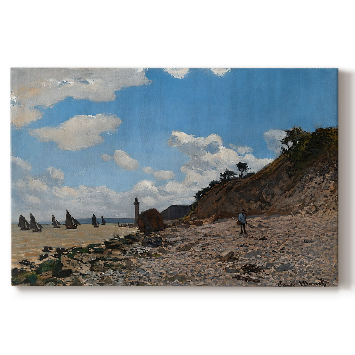 Canvas art print portraying a coastal beach scene with figures gathered along shoreline and boats nearby, set against a white background