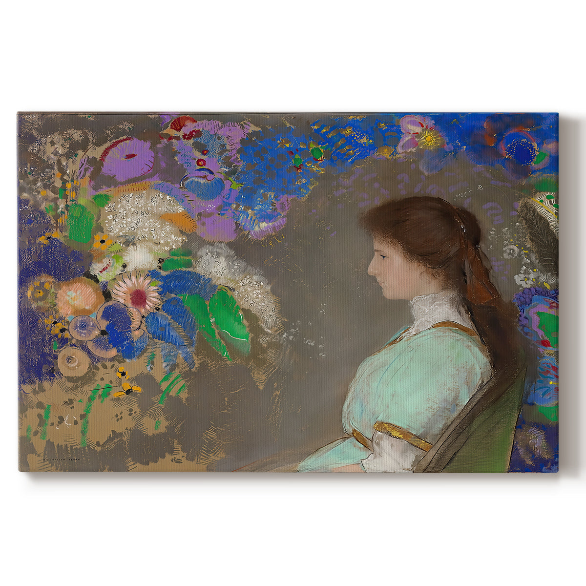 Canvas art print portraying a young woman in profile with soft decorative background, set against a white background