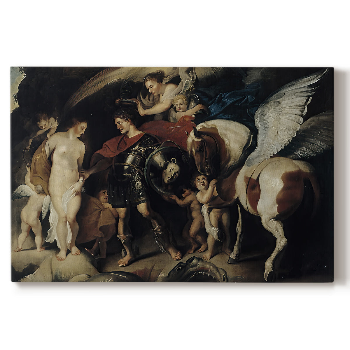 Canvas art print portraying Perseus rescuing Andromeda from chained position, set against a white background