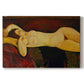 Canvas art print portraying a reclining nude woman with head turned and elongated body on draped surface, set against a white background