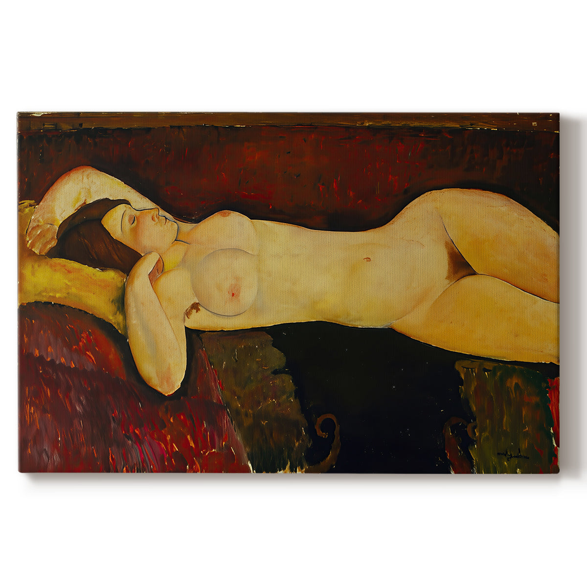 Canvas art print portraying a reclining nude woman with head turned and elongated body on draped surface, set against a white background