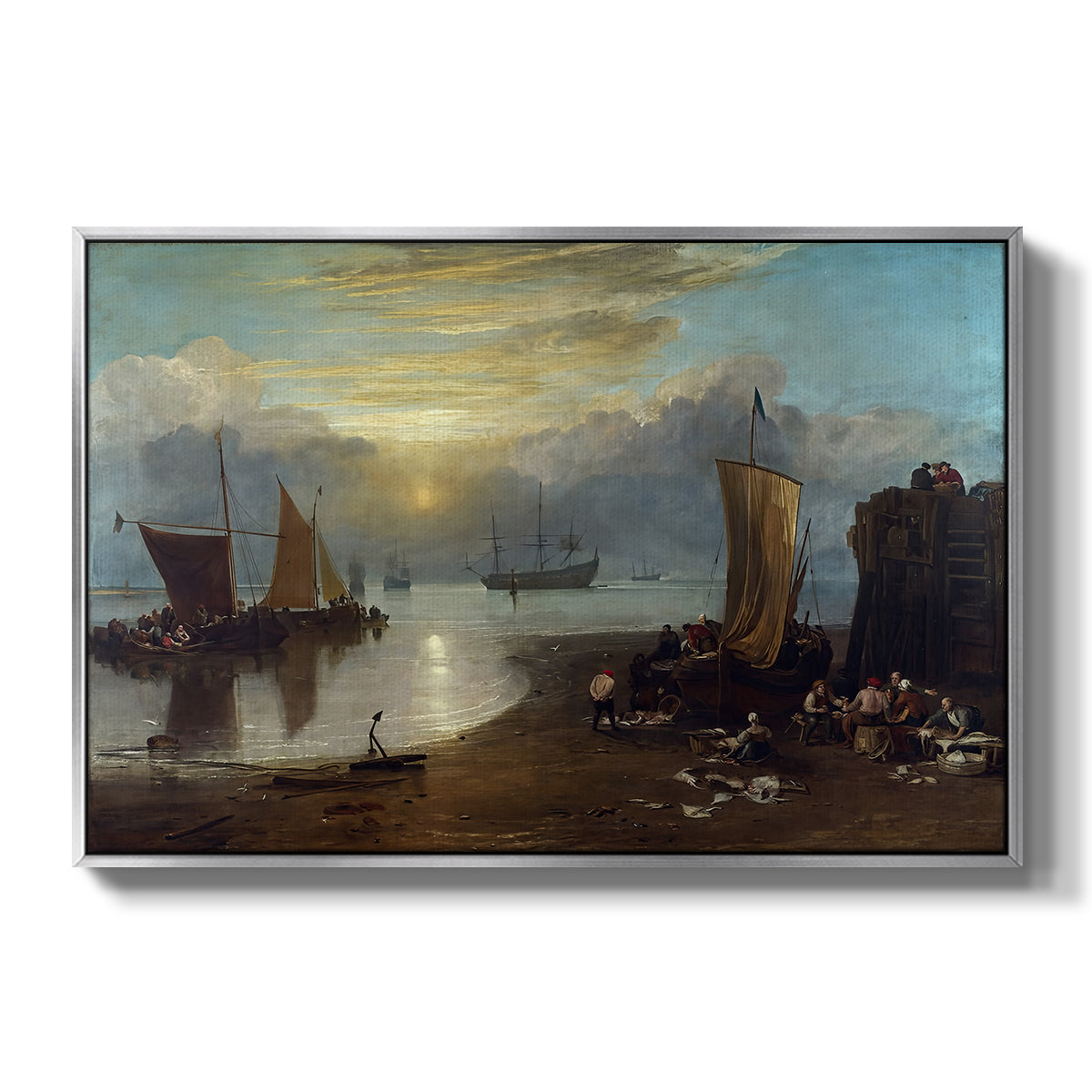 Sun Rising through Vapour: Fishermen Cleaning and Selling Fish, c. 1807 - Floater Framed Canvas Print