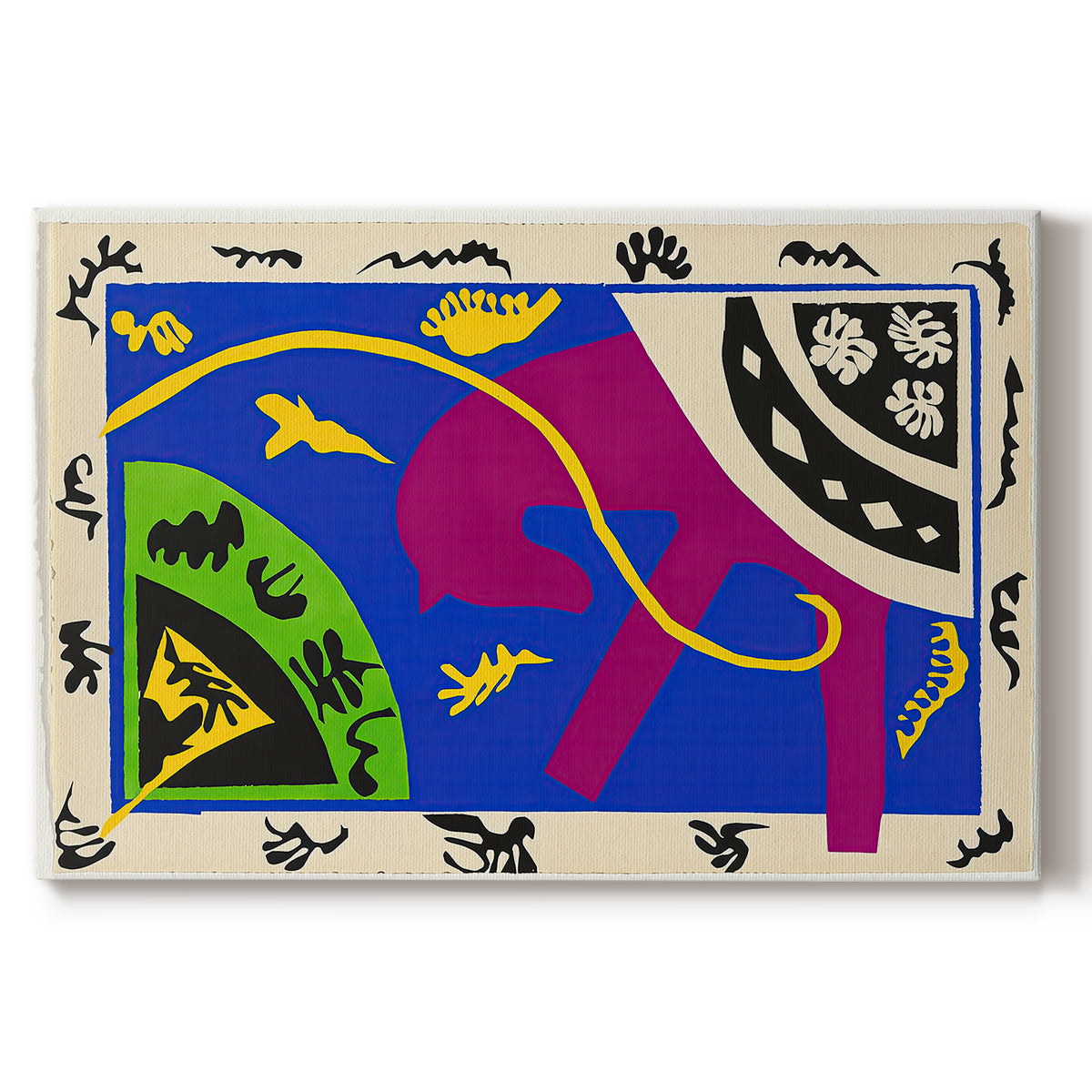 Canvas art print portraying abstract figures of a horse, rider, and clown in a bold cut-out composition, set against a white background