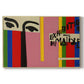 Canvas art print portraying an abstract graphic design with vertical color bands and simplified shapes, set against a white background