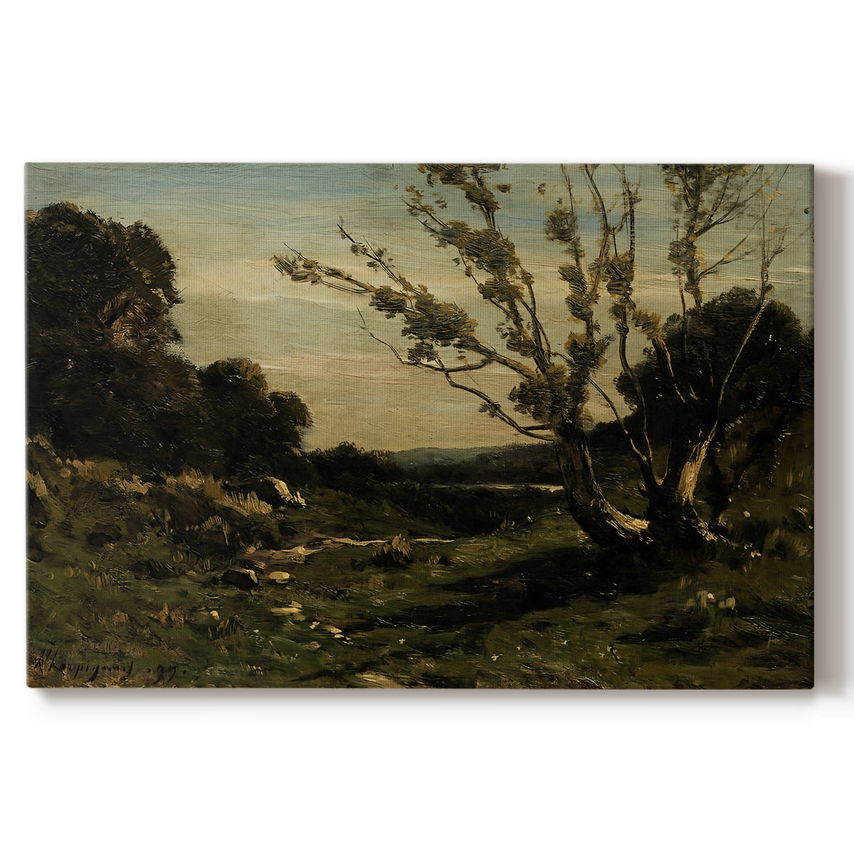 Canvas art print portraying an early morning landscape with trees and soft light over countryside, set against a white background