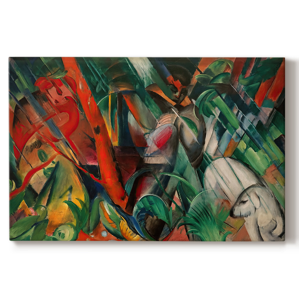 Canvas art print portraying an abstract composition suggesting rainfall through diagonal lines and color patterns, set against a white background