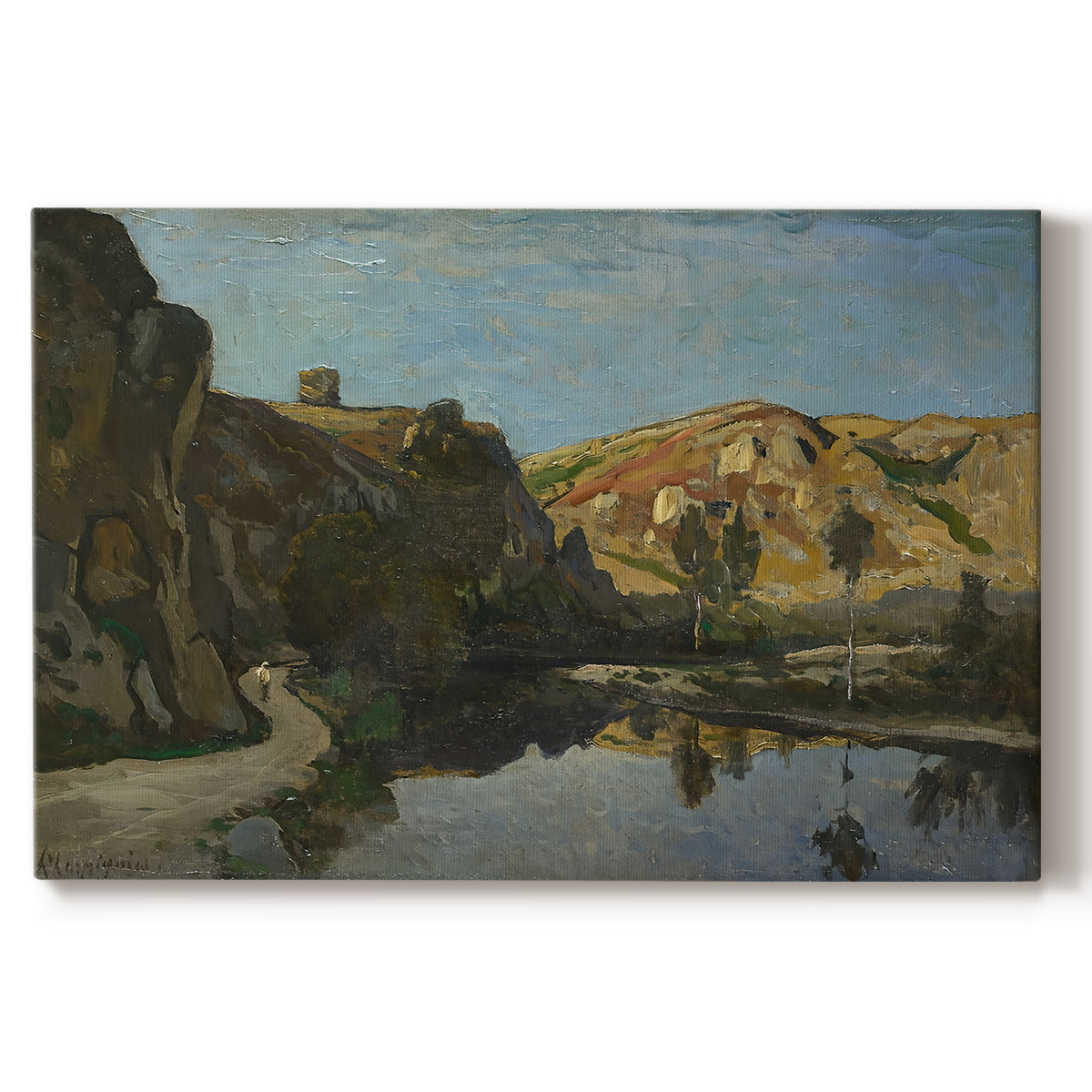 Canvas art print portraying a river flowing between rocky cliffs under open sky, set against a white background