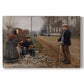 Canvas art print portraying a group of people gathered along dirt road in rural setting, set against a white background