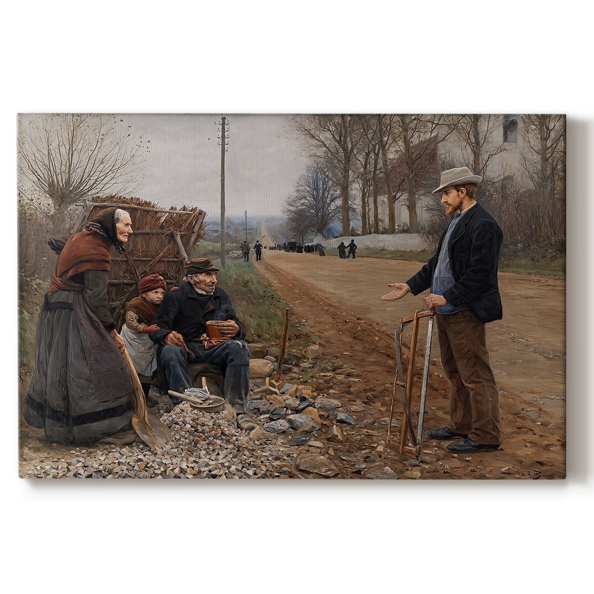 Canvas art print portraying a group of people gathered along dirt road in rural setting, set against a white background