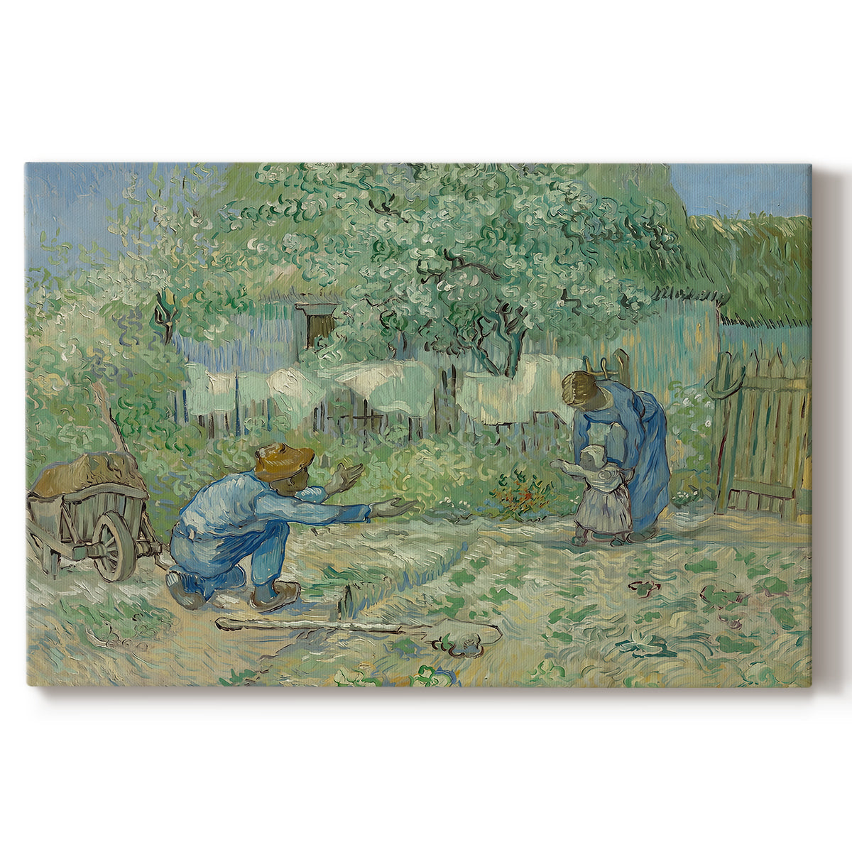 Canvas art print portraying a rural family scene with child taking first steps between adults outdoors, set against a white background