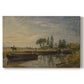 Canvas art print portraying a barge floating on river near lock with greenery, set against a white background