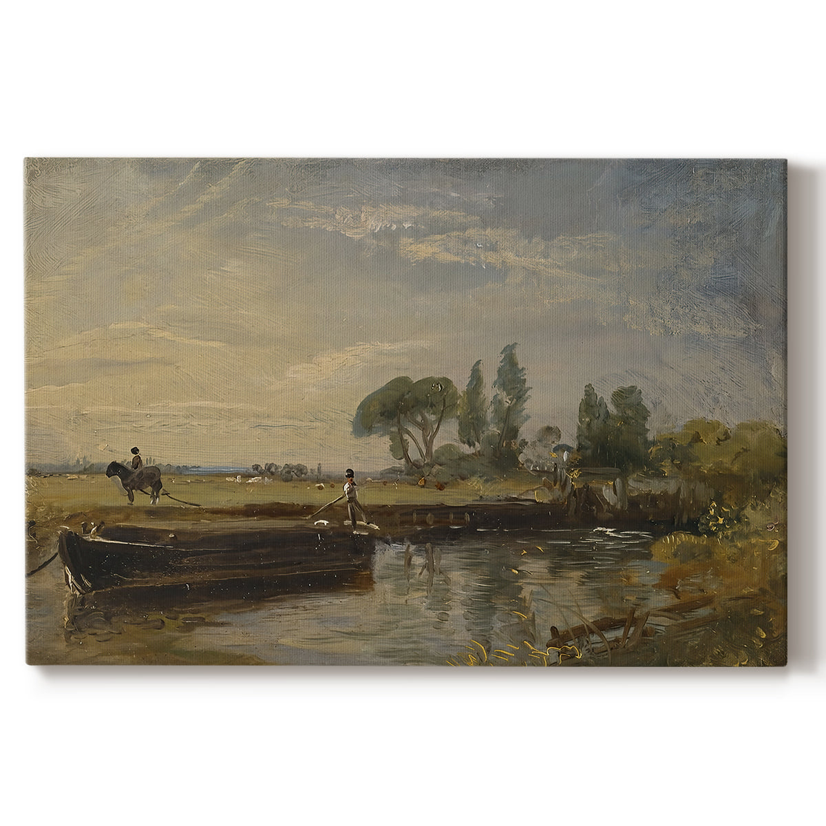 Canvas art print portraying a barge floating on river near lock with greenery, set against a white background