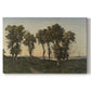 Canvas art print portraying trees silhouetted against evening sky in warm autumn tones, set against a white background