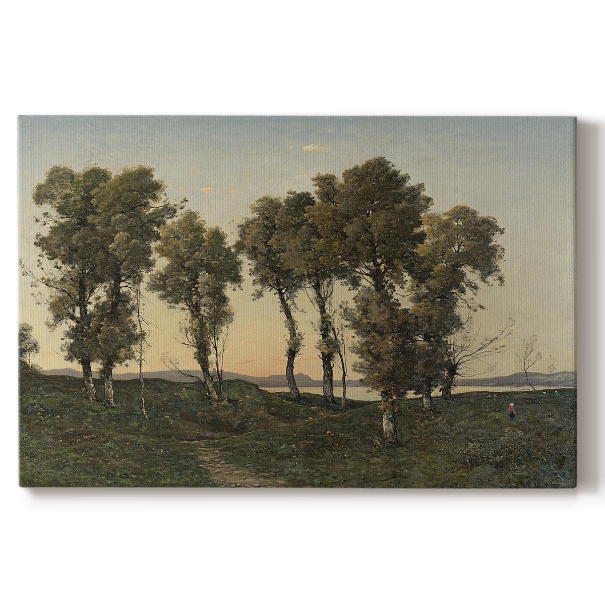 Canvas art print portraying trees silhouetted against evening sky in warm autumn tones, set against a white background