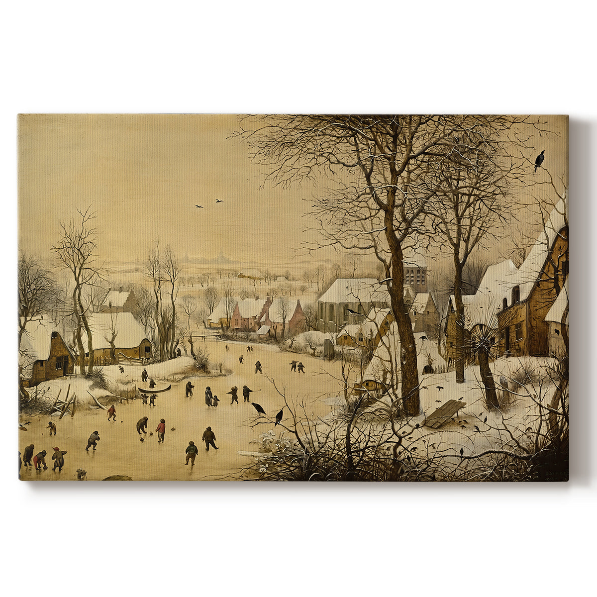 Canvas art print portraying a village scene with skaters on frozen river, set against a white background