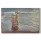 Canvas art print portraying three women standing together on beach in flowing dresses, set against a white background