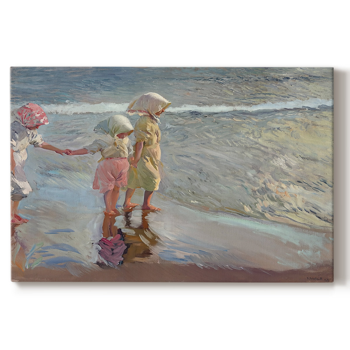 Canvas art print portraying three women standing together on beach in flowing dresses, set against a white background
