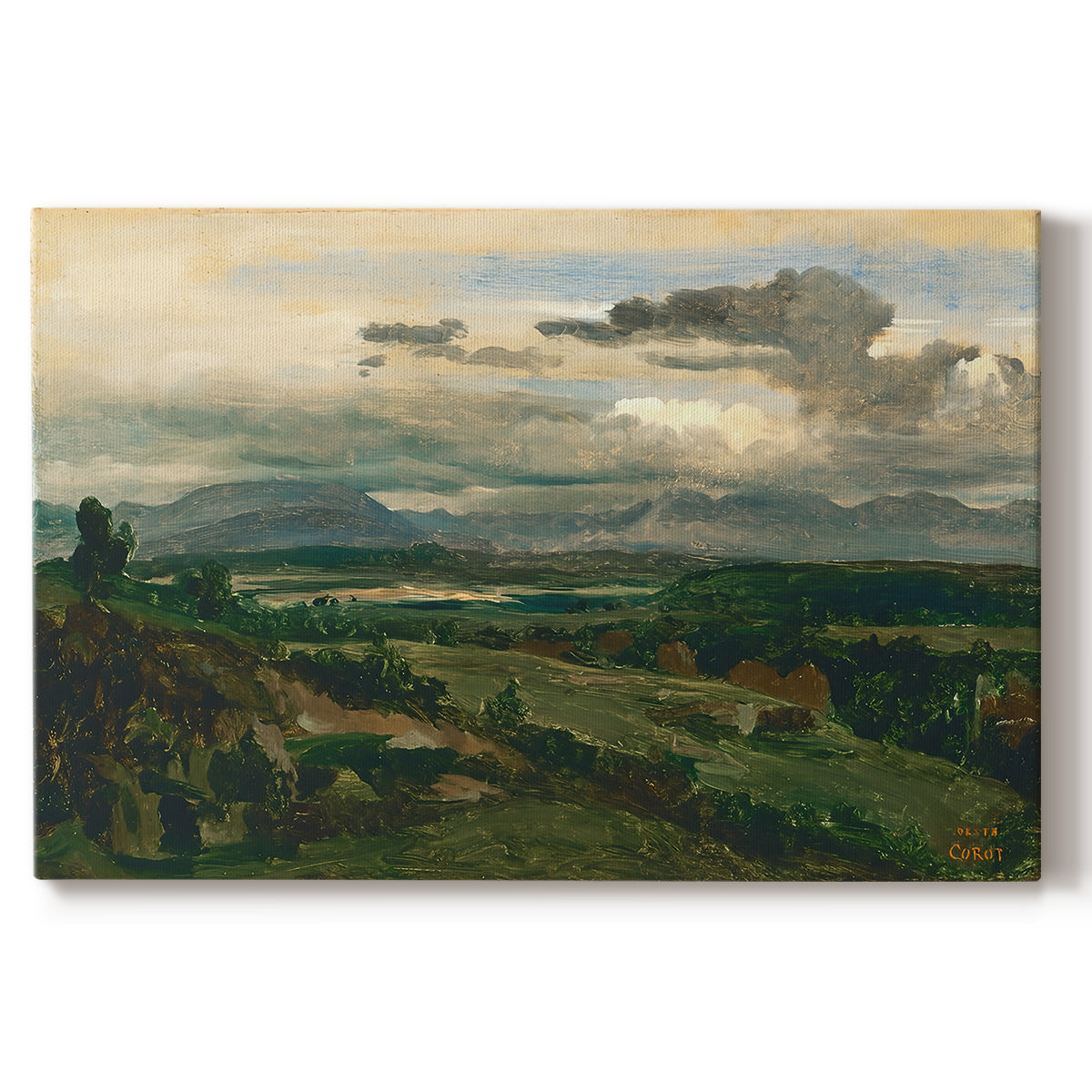 Canvas art print portraying a town set within landscape with cliffs and surrounding countryside, set against a white background