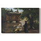 Canvas art print portraying a priest standing beside stone sarcophagus in quiet architectural setting, set against a white background