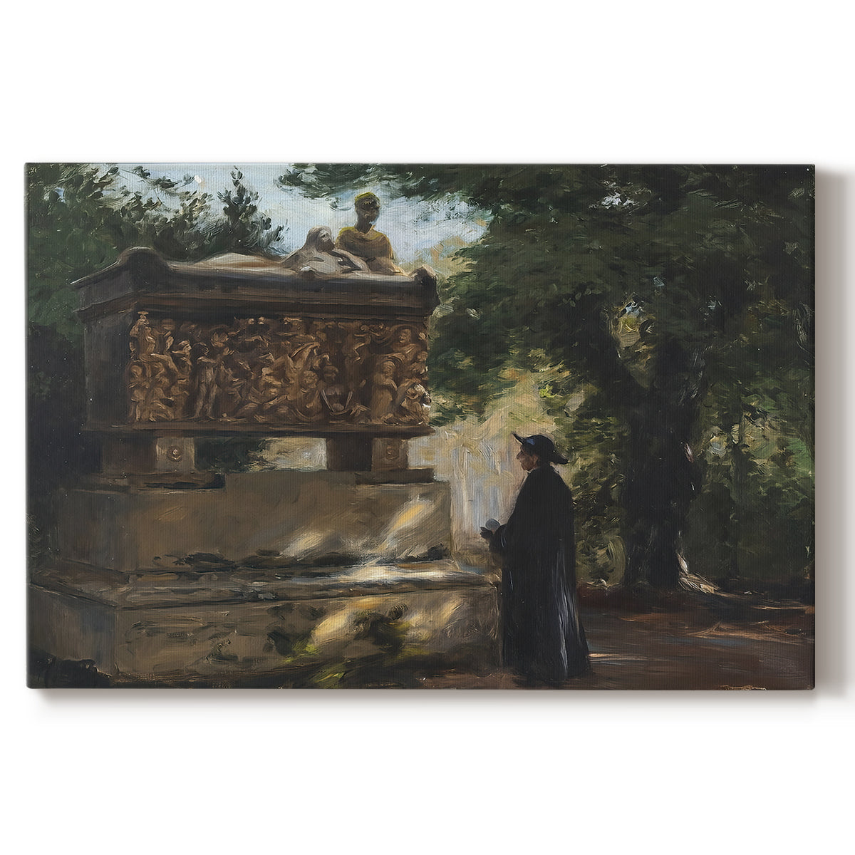 Canvas art print portraying a priest standing beside stone sarcophagus in quiet architectural setting, set against a white background