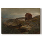 Canvas art print portraying a coastal home near shoreline with boats and surrounding landscape, set against a white background