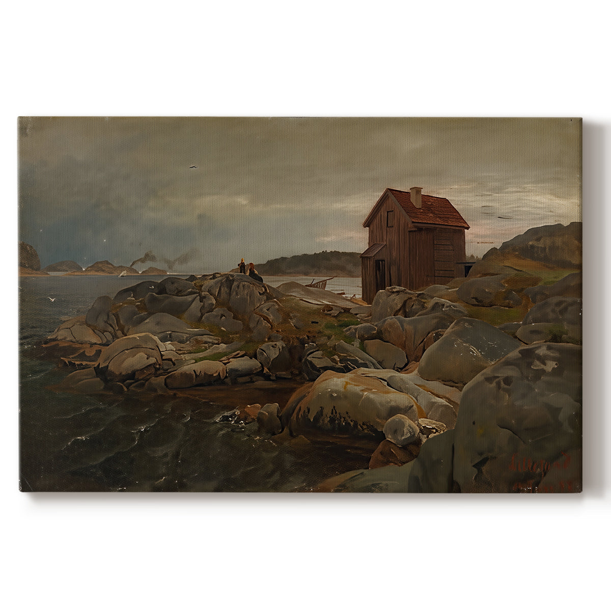 Canvas art print portraying a coastal home near shoreline with boats and surrounding landscape, set against a white background