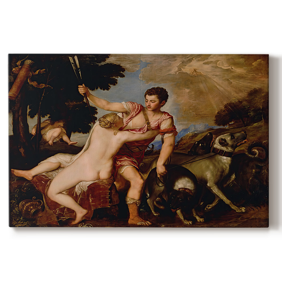Canvas art print portraying a mythological couple in dramatic embrace as Adonis prepares to depart, set against a white background