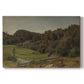 Canvas art print portraying a rolling landscape with fields, trees, and distant water under open sky, set against a white background
