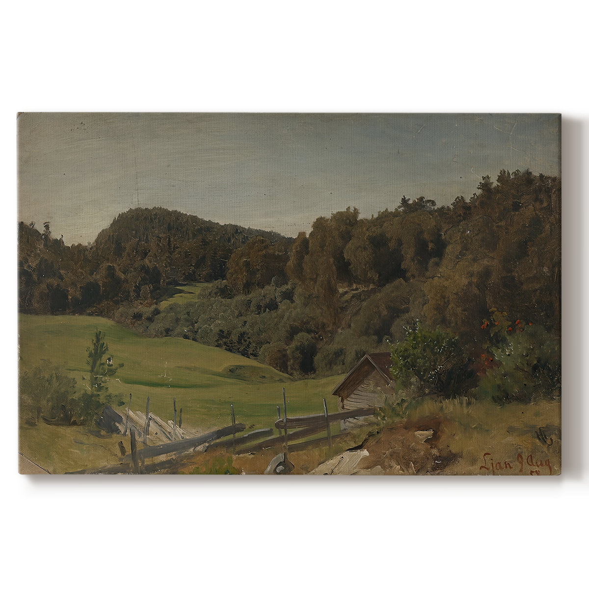 Canvas art print portraying a rolling landscape with fields, trees, and distant water under open sky, set against a white background