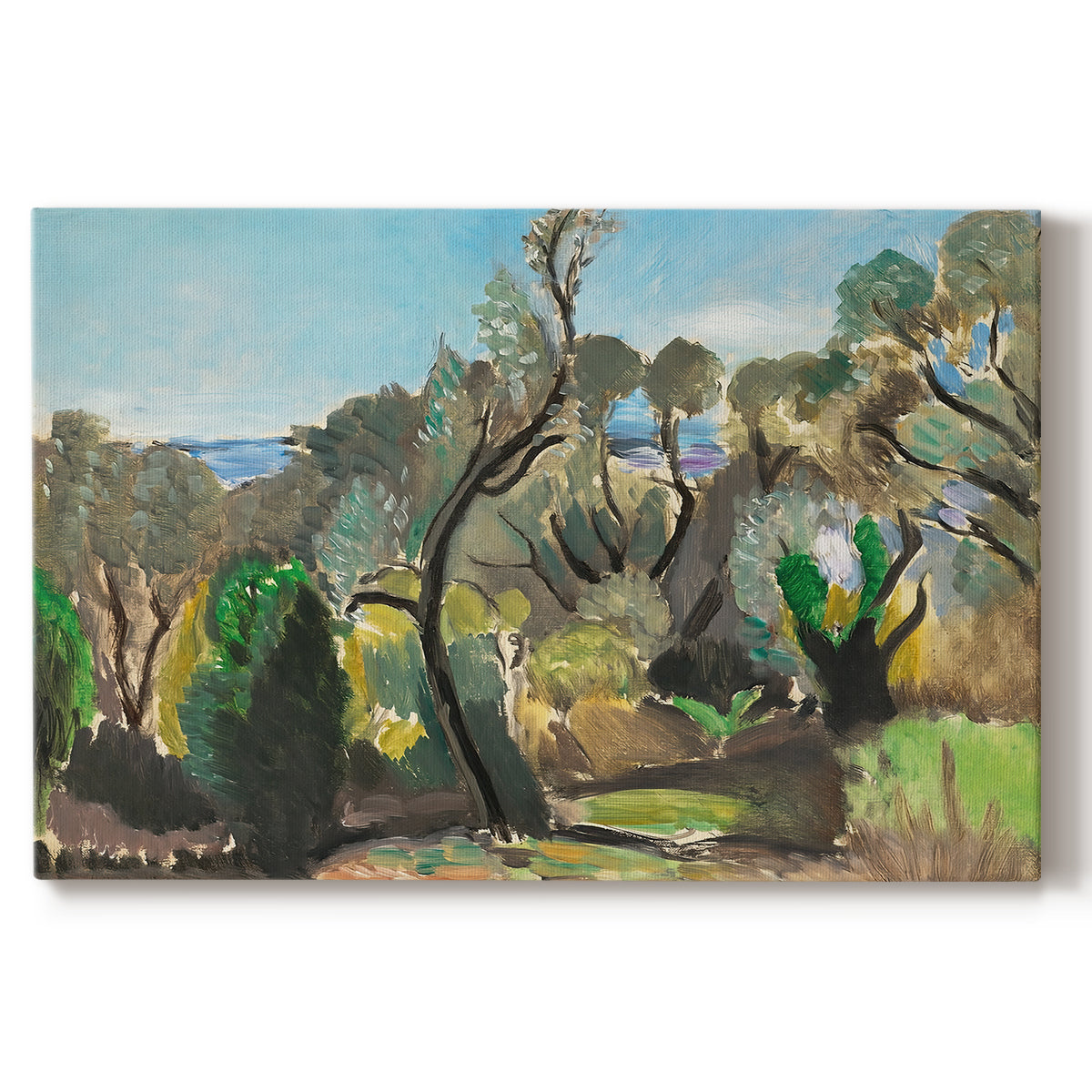 Canvas art print portraying a rolling landscape with trees and open sky in bright natural colors, set against a white background
