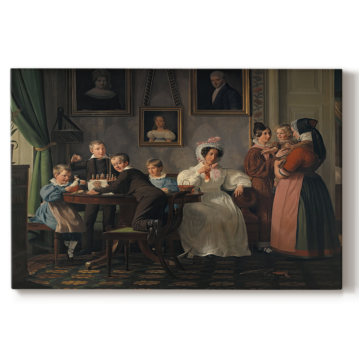 Canvas art print portraying a family group posed indoors around table with multiple figures, set against a white background