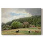 Canvas art print portraying cows grazing in pasture near farmhouse in rural countryside, set against a white background