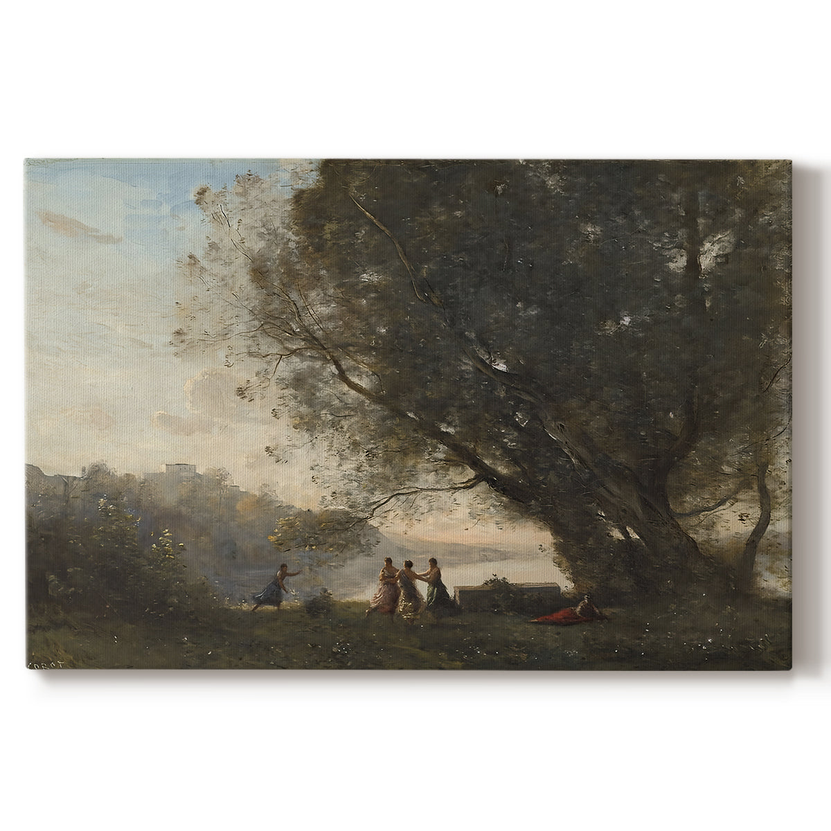 Canvas art print portraying figures dancing beneath trees beside calm lakeside setting, set against a white background