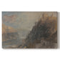 Canvas art print portraying a river landscape with castles along steep terrain, set against a white background