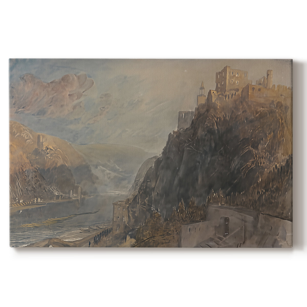Canvas art print portraying a river landscape with castles along steep terrain, set against a white background